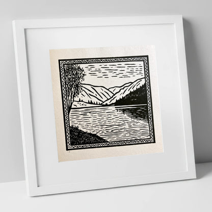 Monochrome Lake at Dawn lake district lake art print in white frame