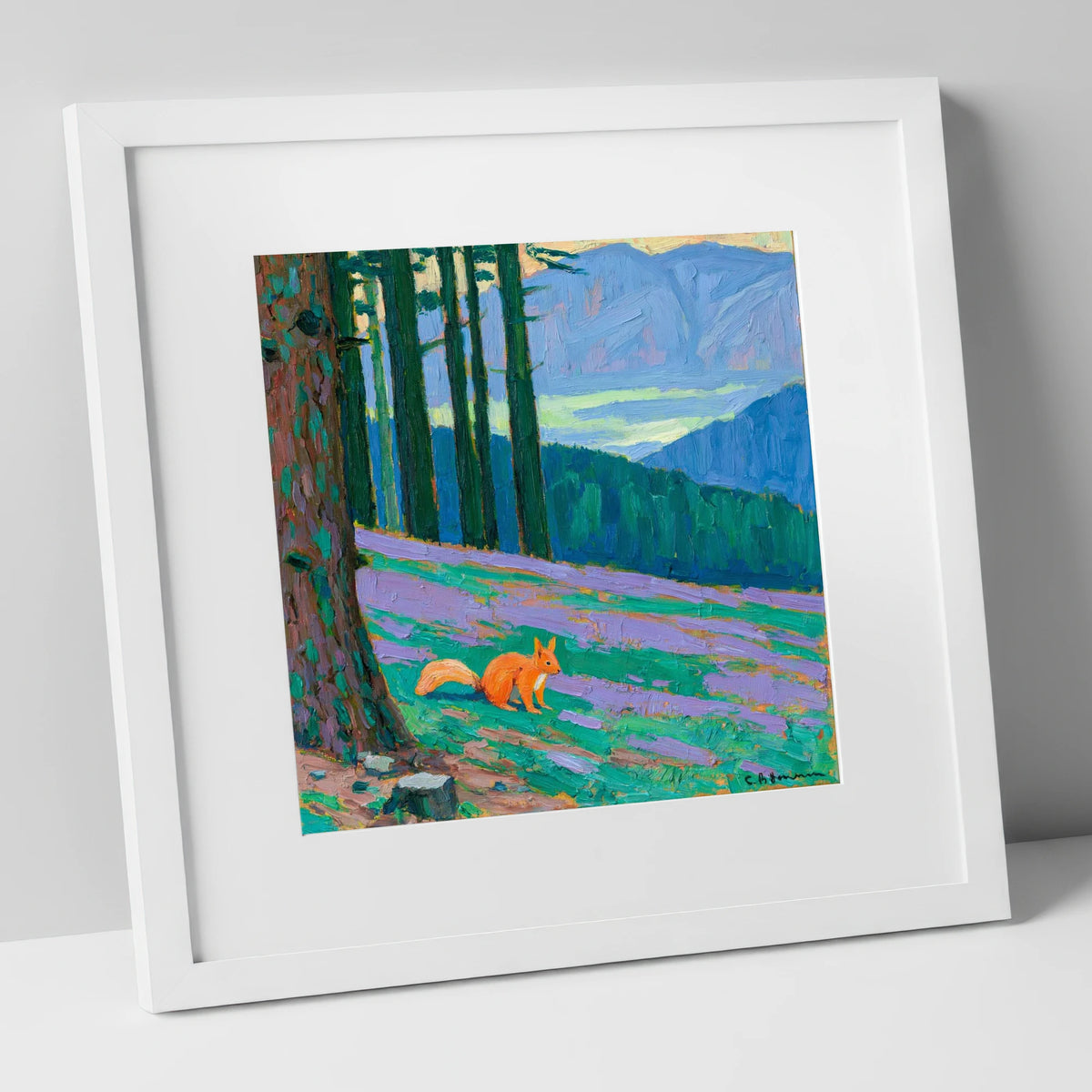 Red Squirrel Beneath Blue Fells lake district wildlife art print in white frame
