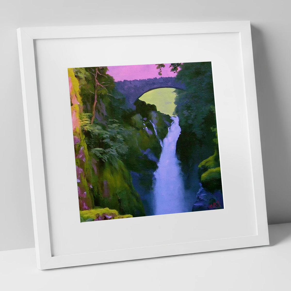 Aira Force Waterfall Magenta Sky lake district waterfall art print in white frame
