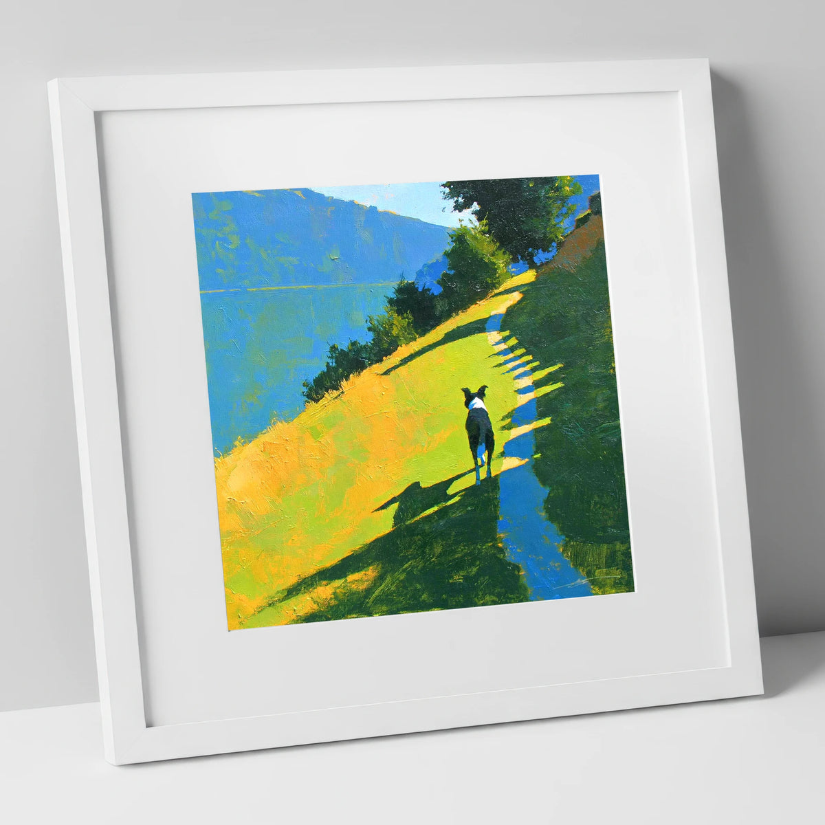 Collie on an Ambleside Path gifts for dog walkers art print in white frame