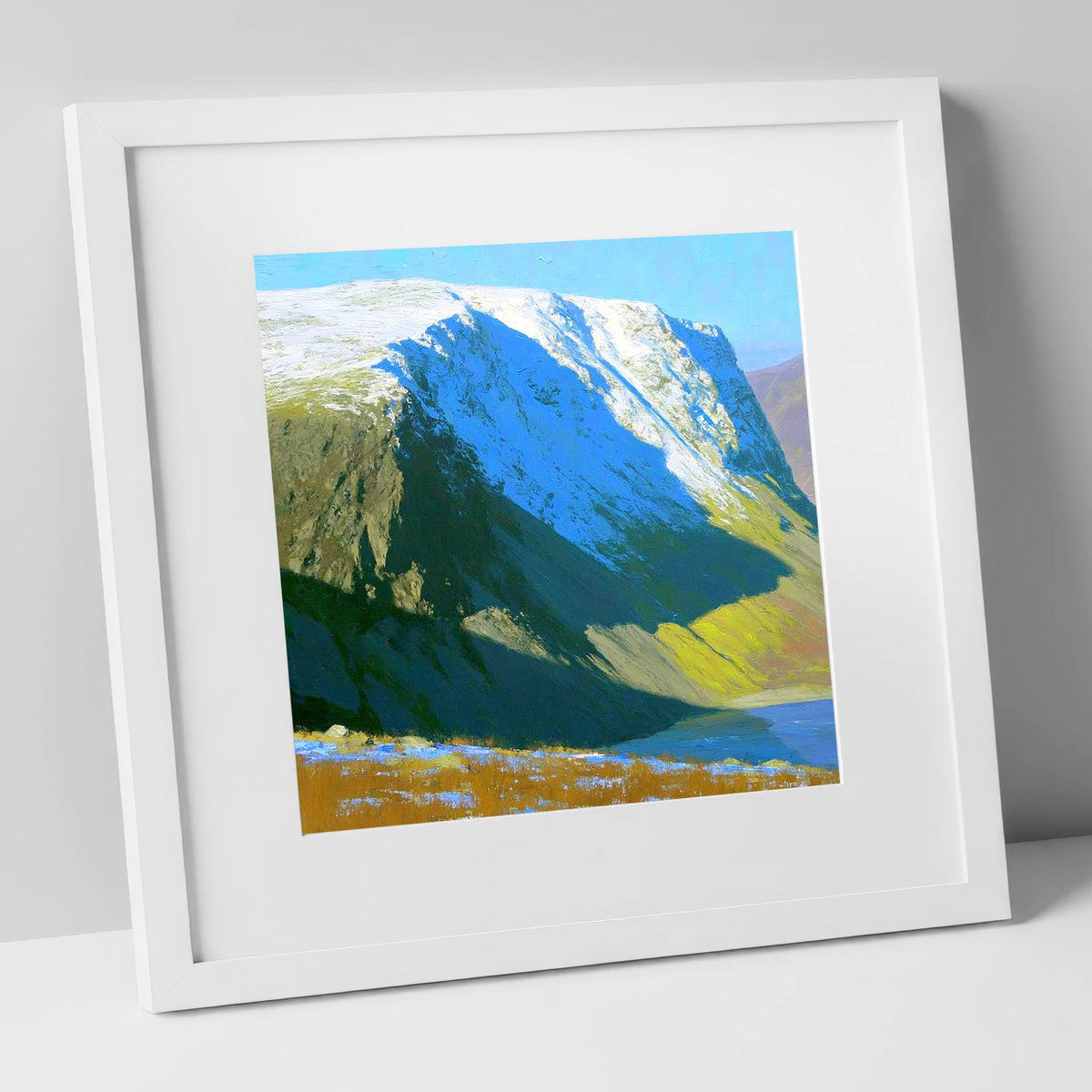 Winter Sunlight on Red Screes lake district fell art print in white frame