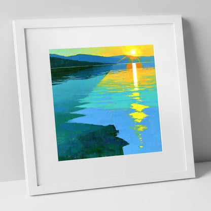 Ultramarine Sunset Over the Lake lake district lake art print in white frame