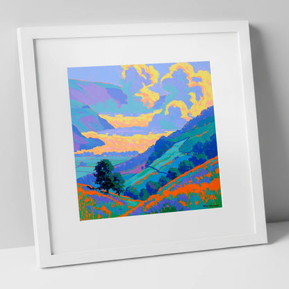 Vibrant Morning Valley Mist lake district sky art print in white frame
