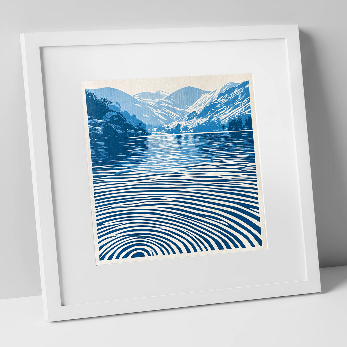 Cobalt Ripples on Dawn Lake lake district lake art print in white frame