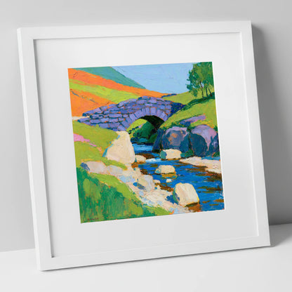 Vibrant Stone Bridge Over Beck lake district waterfall art print in white frame