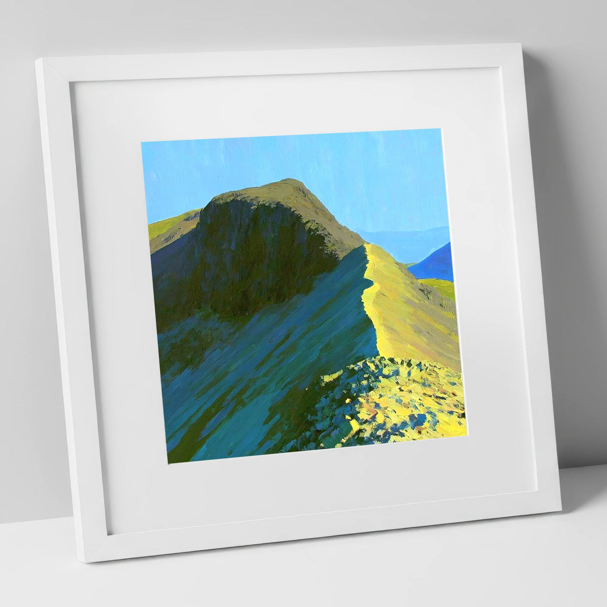 Sunlit Bowfell Ridge Path lake district fell art print in white frame