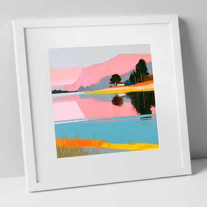 Still Lake and Pink Fells lake district lake art print in white frame