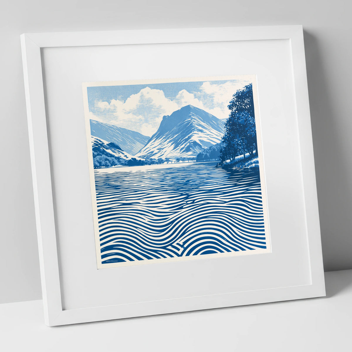 Buttermere in Cobalt Blue lake district lake art print in white frame