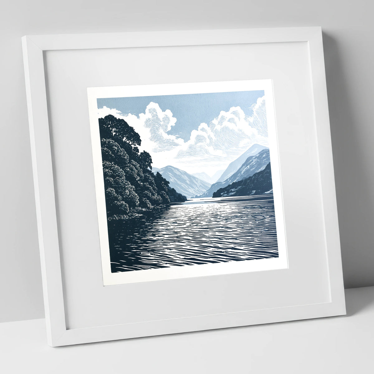 Deep Blue Coniston Water Fells lake district lake art print in white frame