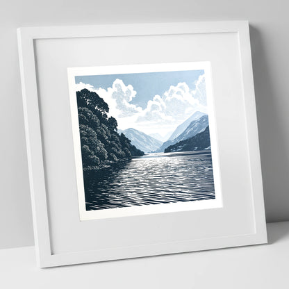 Deep Blue Coniston Water Fells lake district lake art print in white frame