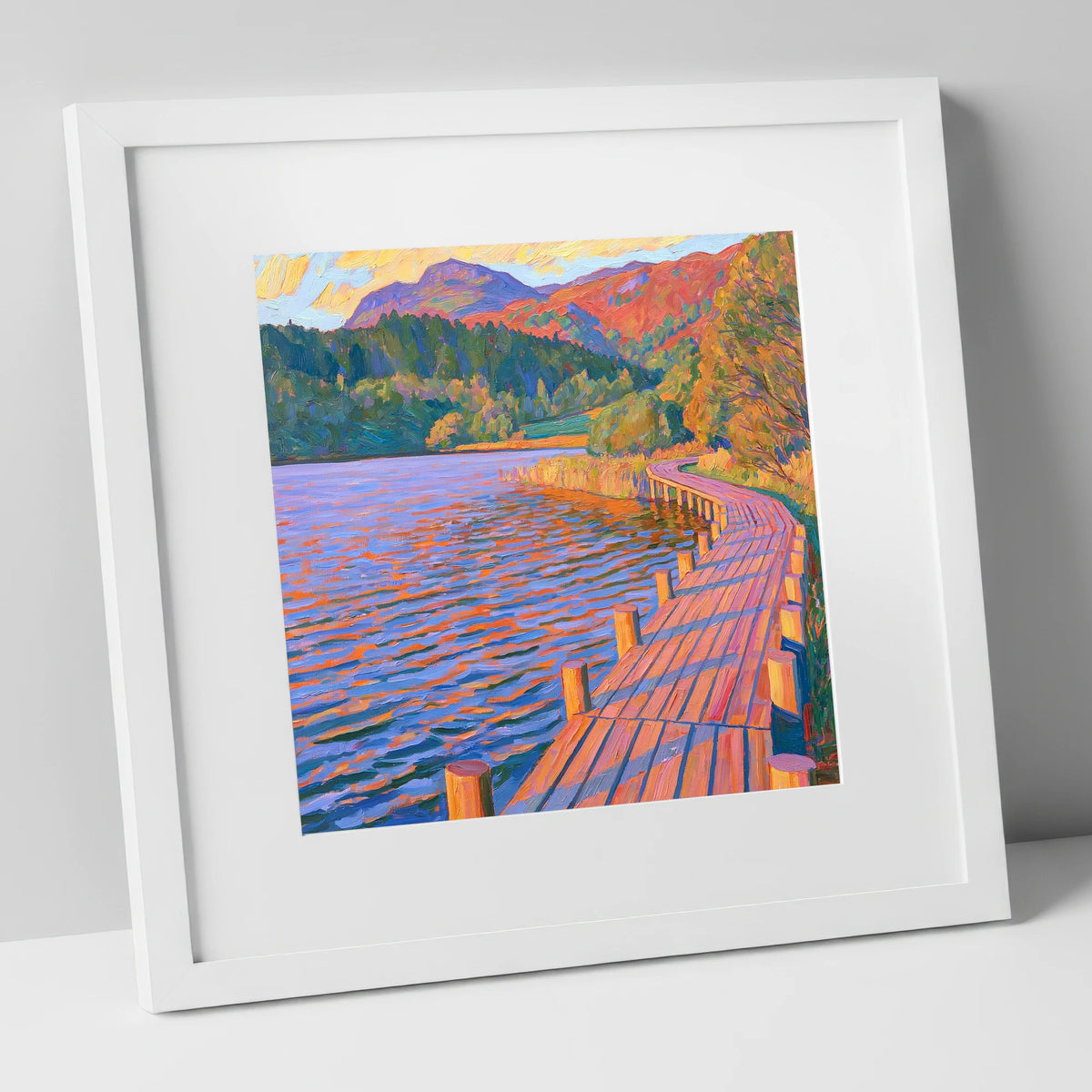 Curving Boardwalk at Tarn Hows lake district lake art print in white frame