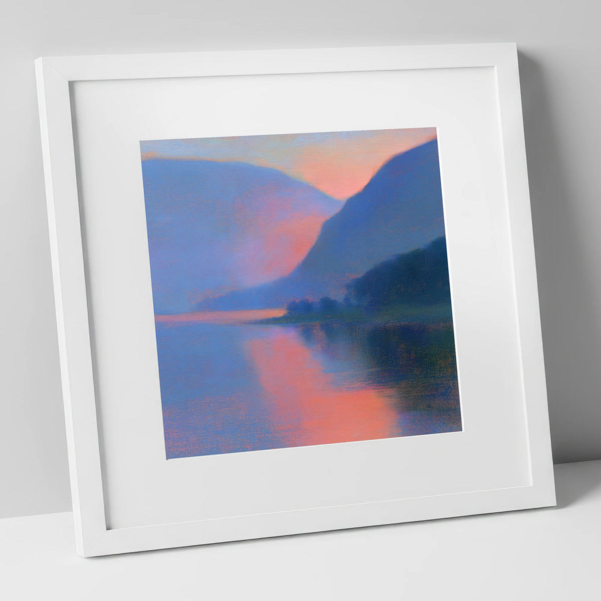 Twilight Lake and Indigo Fells lake district lake art print in white frame