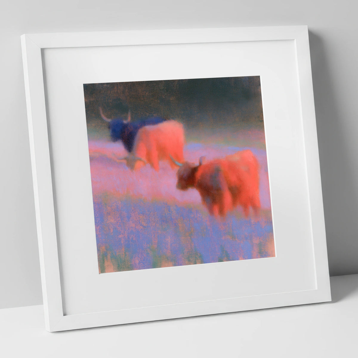 Luminous Highland Cattle Grazing lake district wildlife art print in white frame