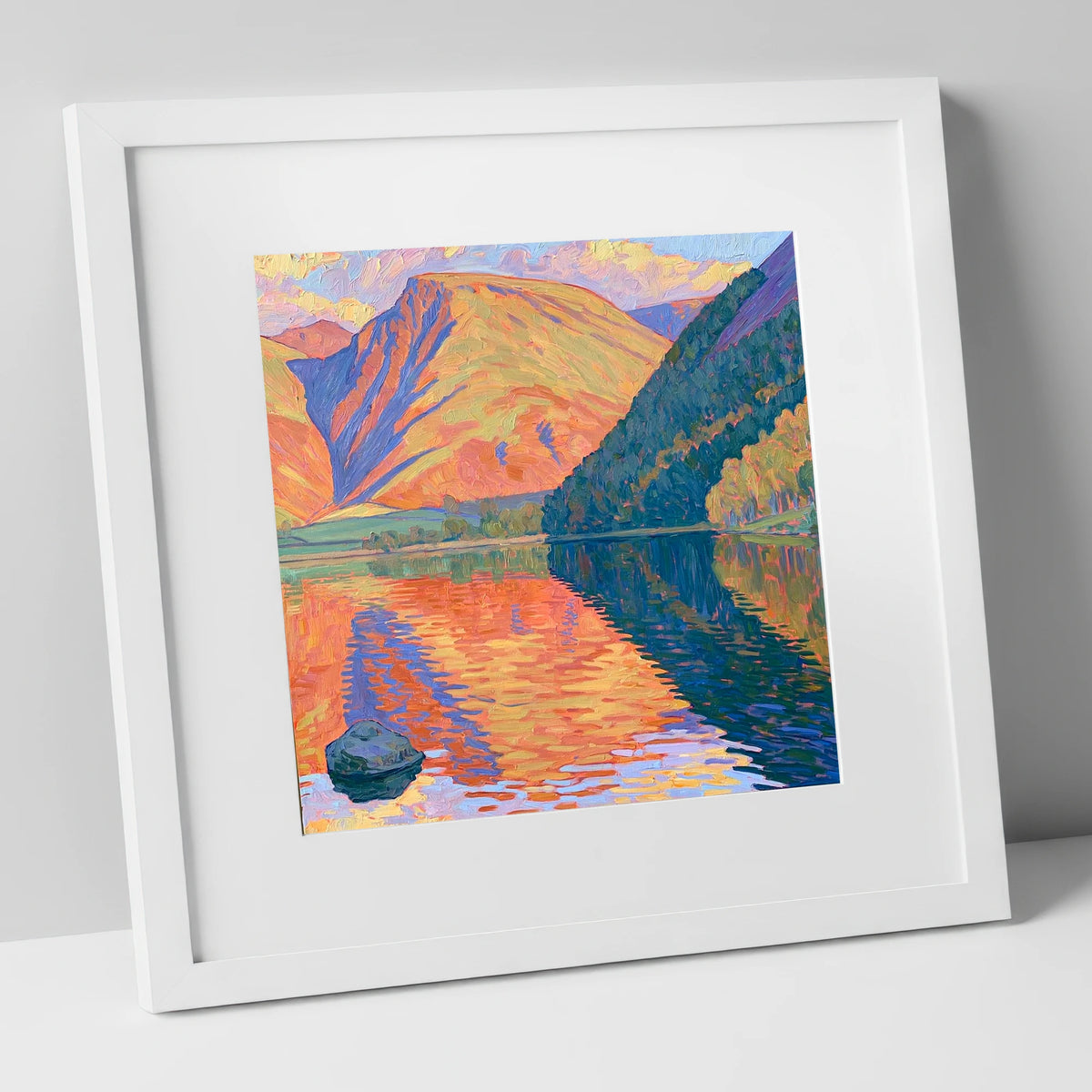 Vibrant Loweswater Sunset Reflections lake district lake art print in white frame