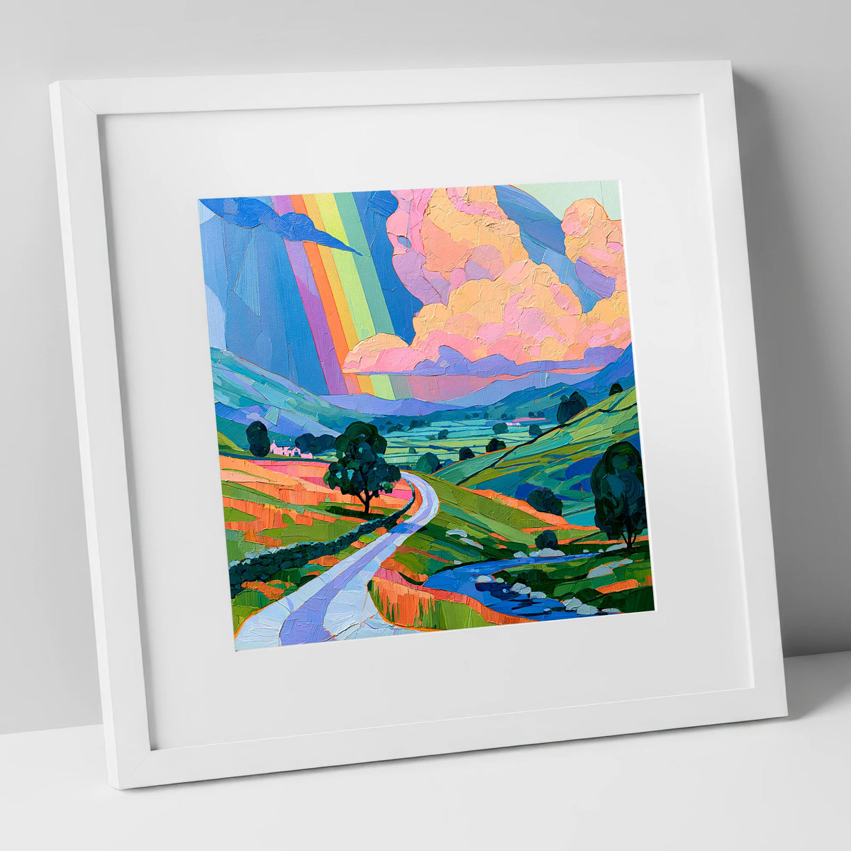 Vibrant Rainbow Over Lakeland Fells lake district sky art print in white frame