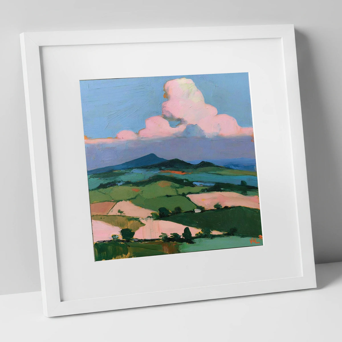 Blush Clouds Over Rolling Fells lake district fell art print in white frame