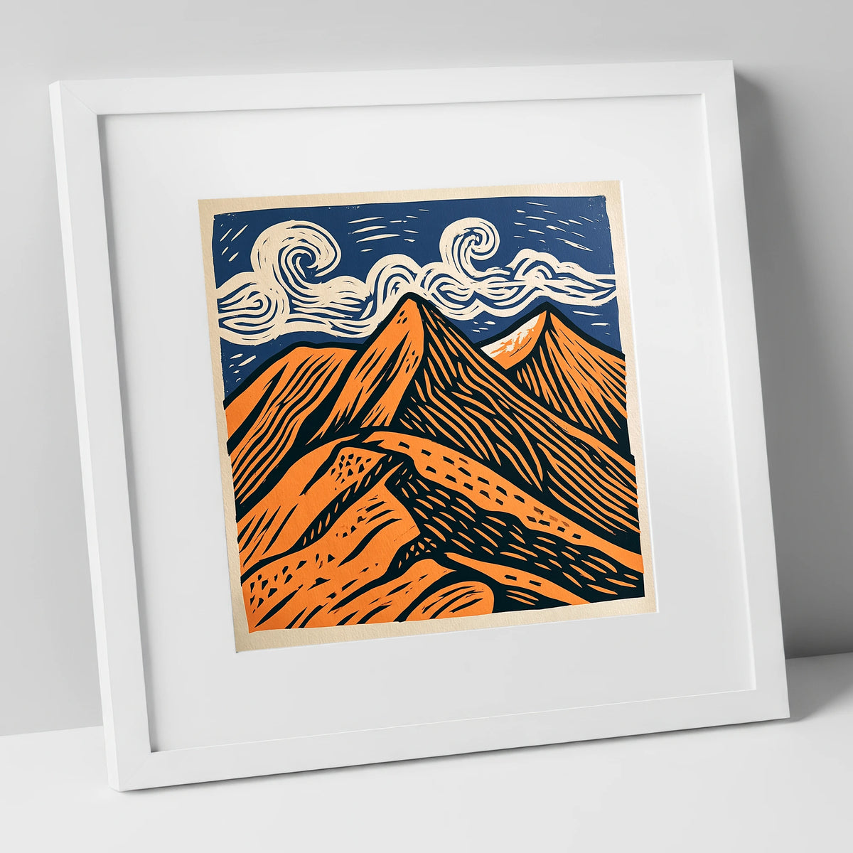 Striking Helvellyn Peaks in Terracotta lake district fell art print in white frame