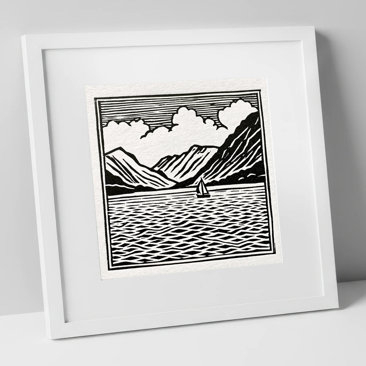 Black and White Ullswater Sailboat lake district lake art print in white frame