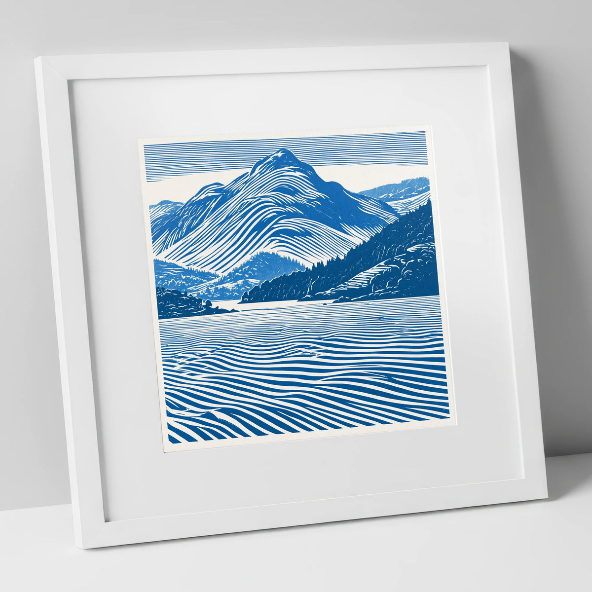 Catbells in Cobalt Blue lake district fell art print in white frame