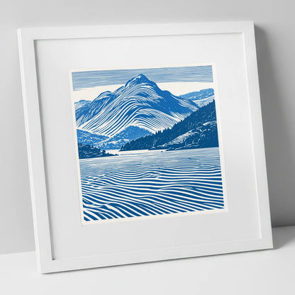 Catbells in Cobalt Blue lake district fell art print in white frame