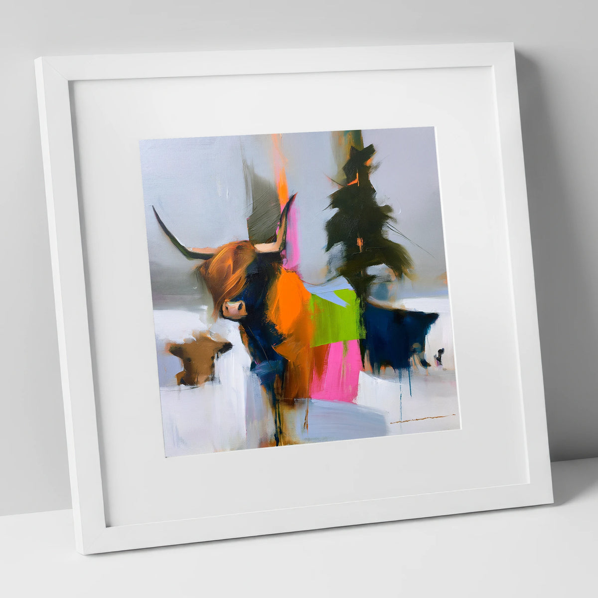 Highland Cow in Vibrant Colour lake district wildlife art print in white frame