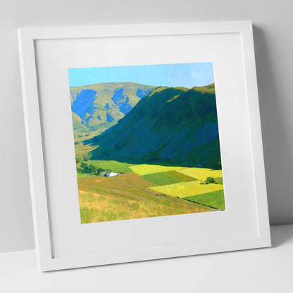 Sunlit Fields Below Steel Knotts lake district fell art print in white frame