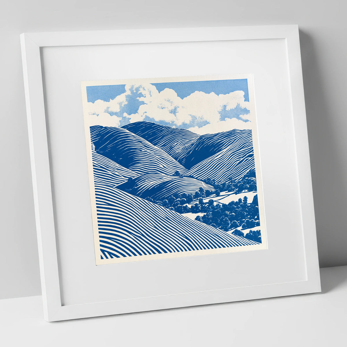 Cobalt Blue Rolling Fells lake district fell art print in white frame