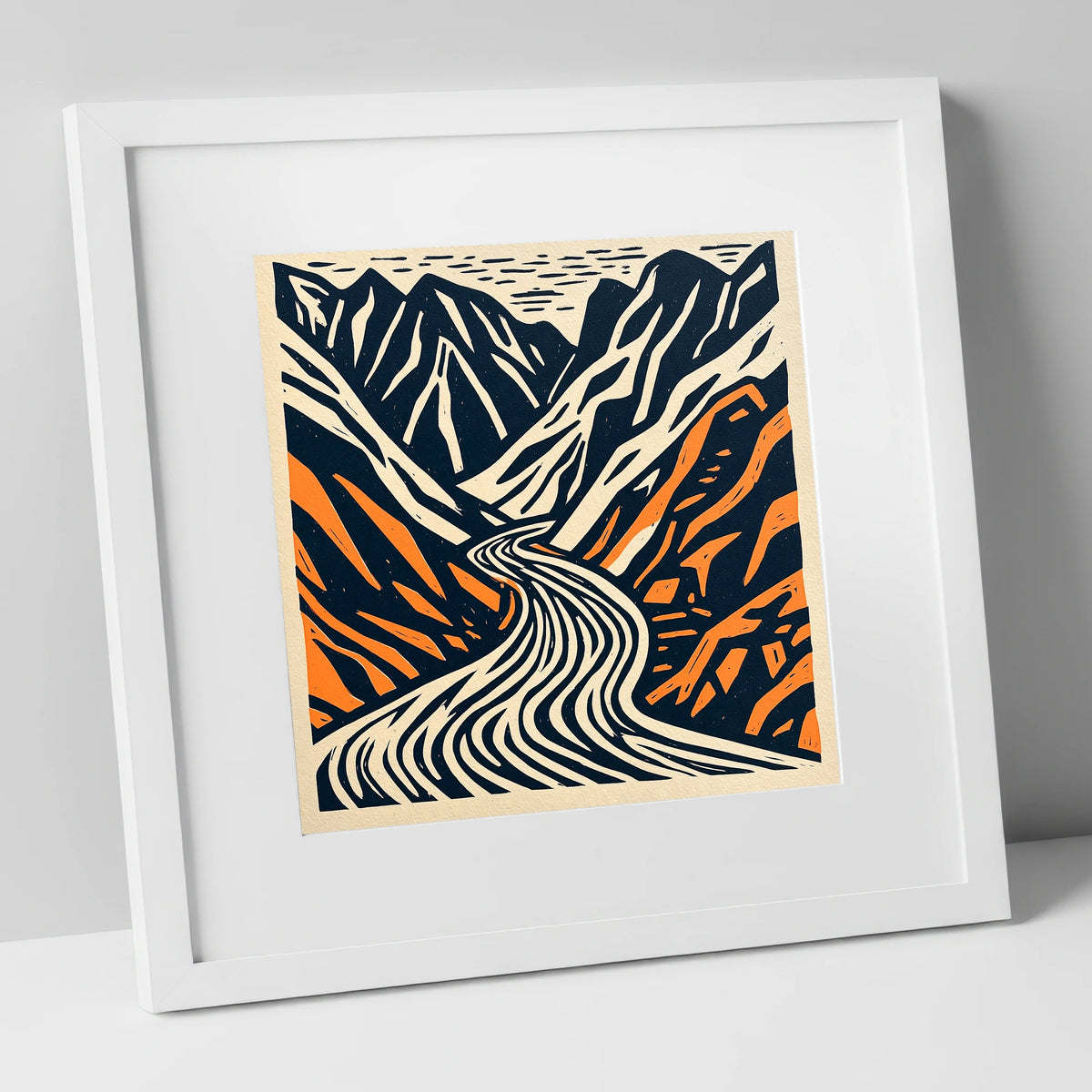 Honister Pass Navy and Terracotta lake district valley art print in white frame