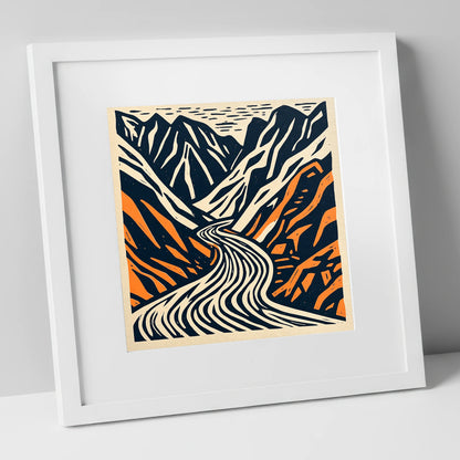 Honister Pass Navy and Terracotta lake district valley art print in white frame