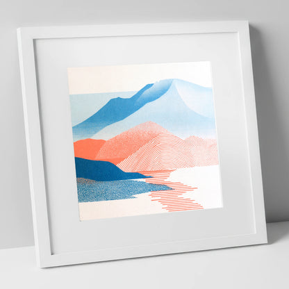 Graphic Skiddaw in Coral and Blue lake district fell art print in white frame