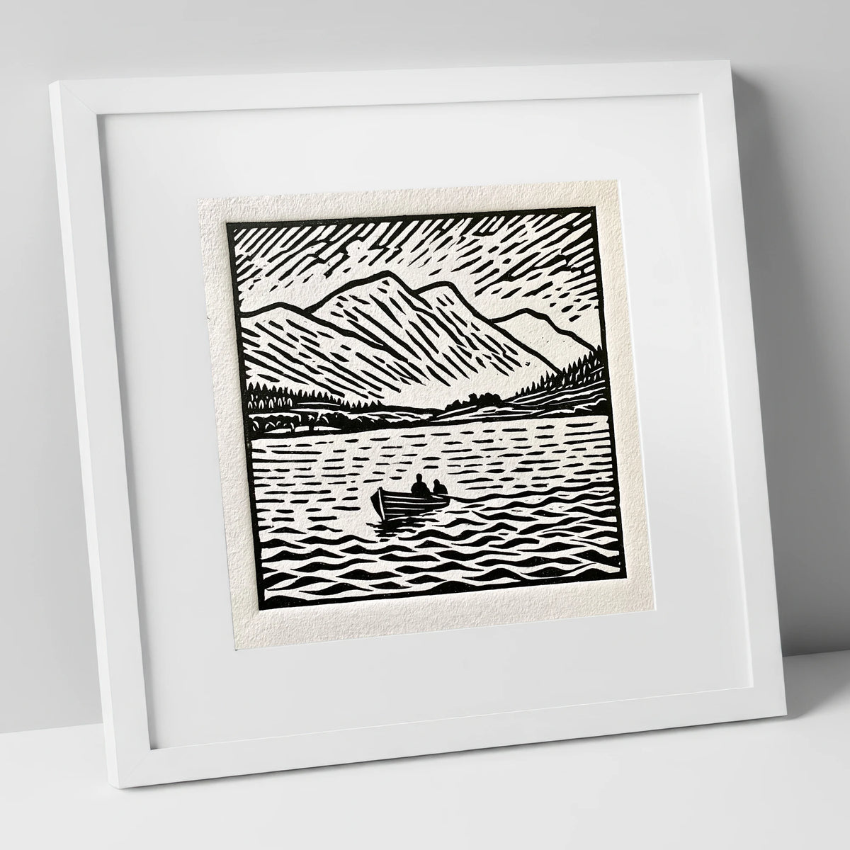 Coniston Water in Bold Monochrome lake district lake art print in white frame