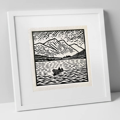 Coniston Water in Bold Monochrome lake district lake art print in white frame