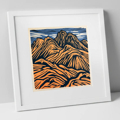 Bowfell in Terracotta and Navy lake district fell art print in white frame