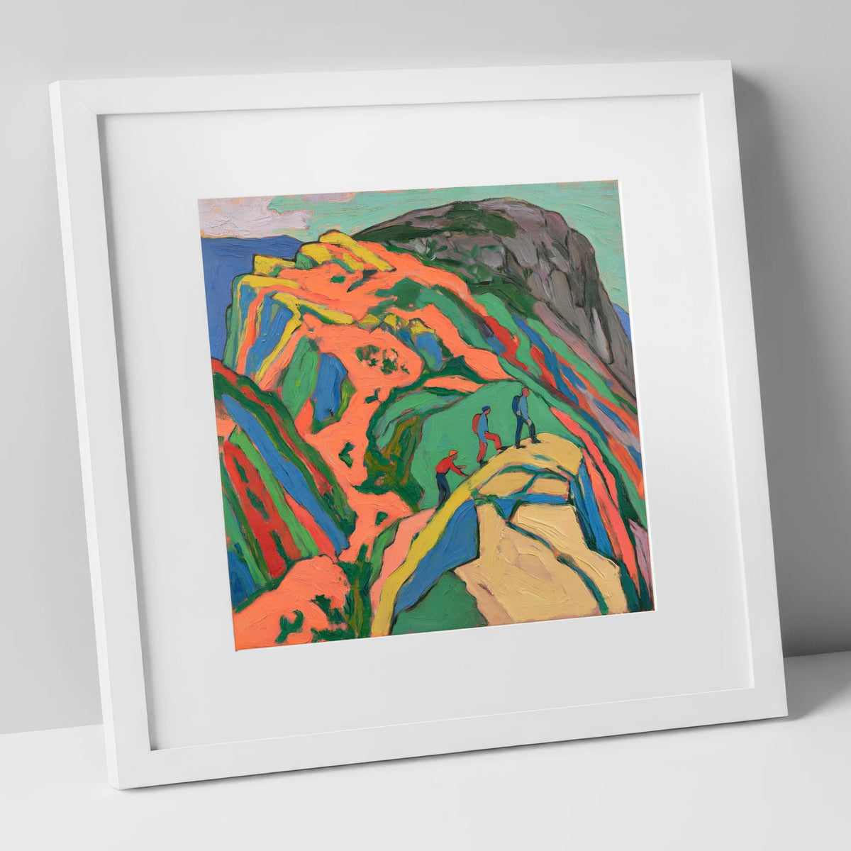 Climbers on the Bright Orange Crag lake district walking art print in white frame