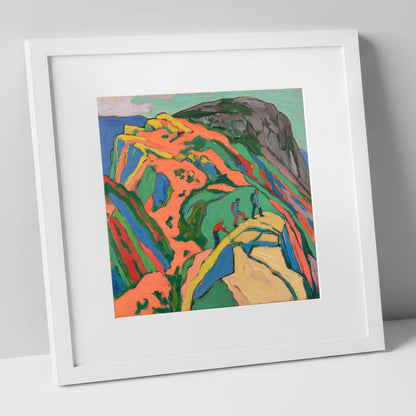 Climbers on the Bright Orange Crag lake district walking art print in white frame