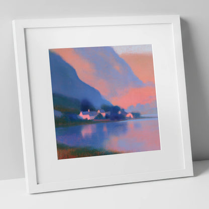 Lakeside Hamlet Beneath Indigo Fells lake district village art print in white frame