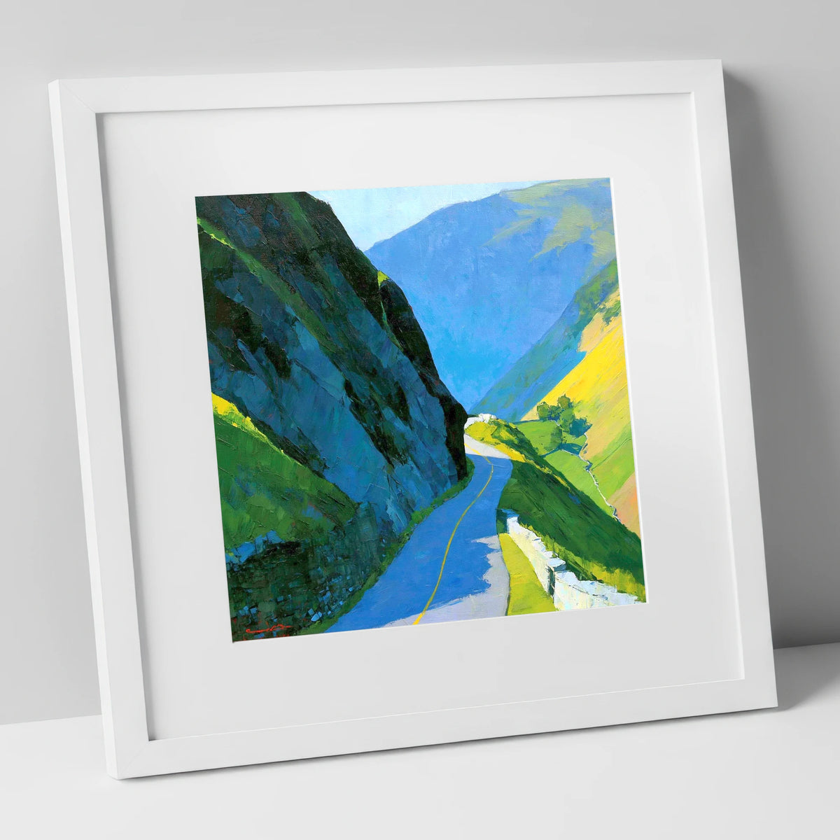 Vibrant Sunlit Mountain Pass lake district valley art print in white frame