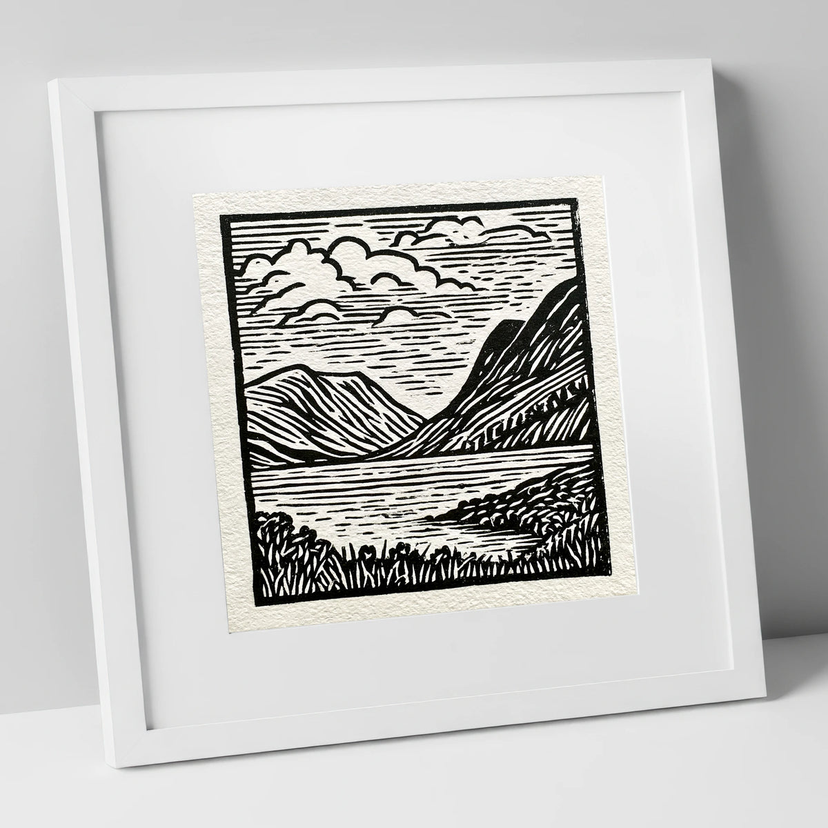 Graphic Fells of Crummock Water lake district lake art print in white frame