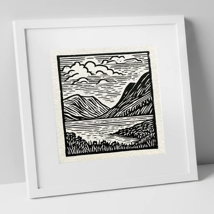 Graphic Fells of Crummock Water lake district lake art print in white frame