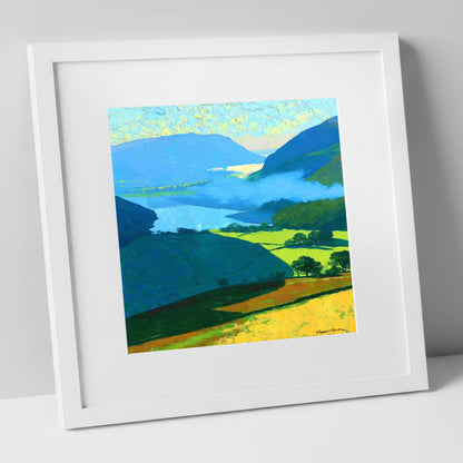 Misty Valley and Sunlit Lakeland Fields lake district sky art print in white frame