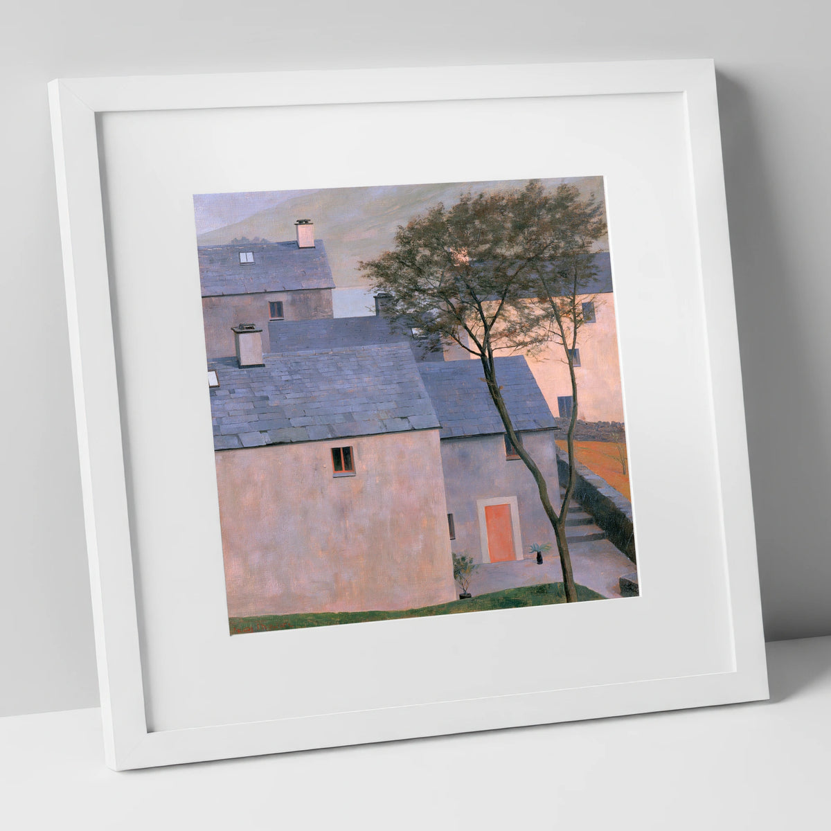 Pastel Light on Slate Cottages lake district village art print in white frame