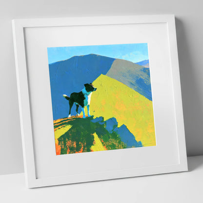 Vibrant Dog on Skiddaw Summit gifts for dog walkers art print in white frame