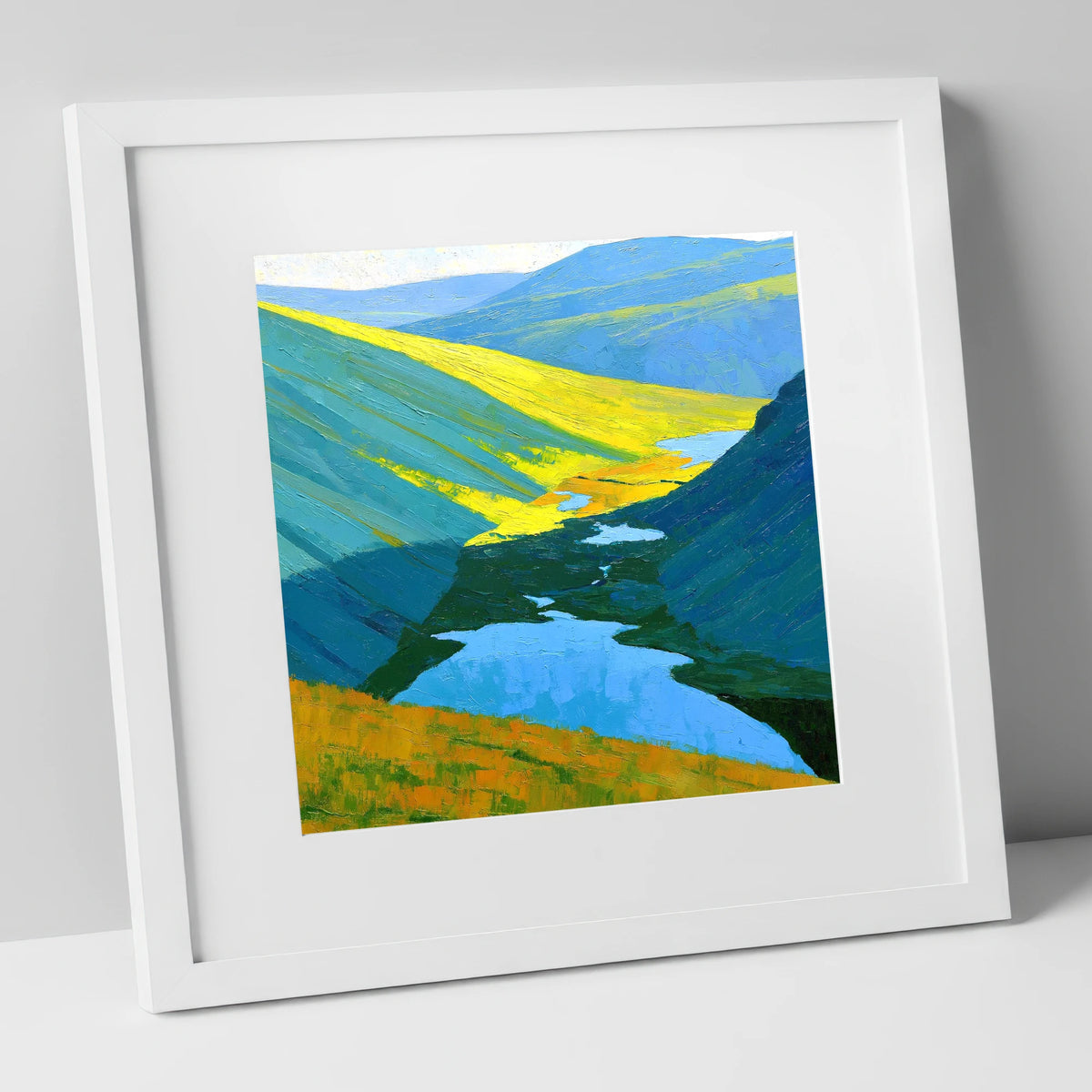 Sunlit Fells over Deep Blue Tarns lake district fell art print in white frame