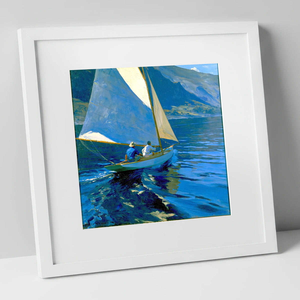 Sailboat on Deep Cobalt Waters lake district walking art print in white frame