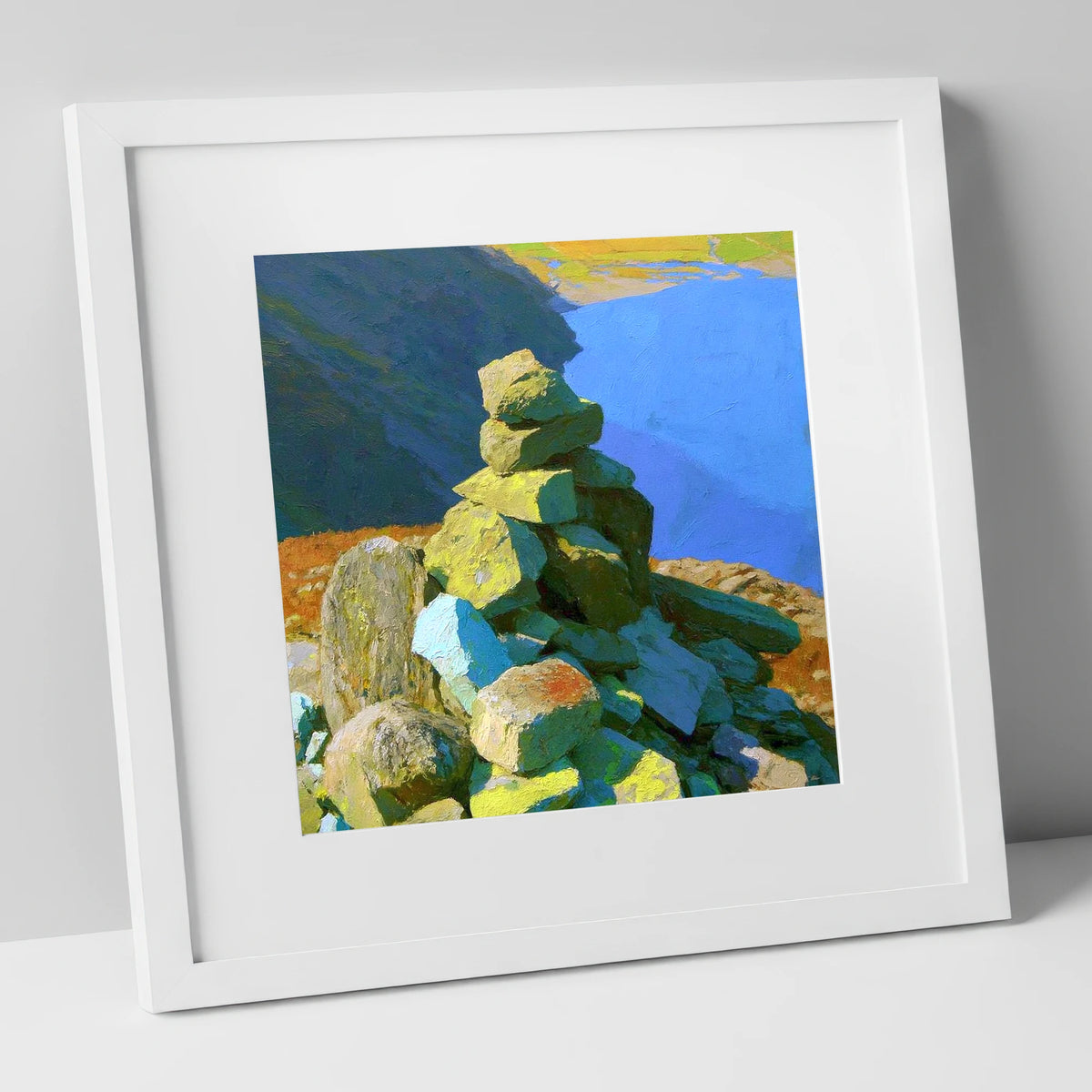 Sunlit Calf Crag Stone Cairn lake district fell art print in white frame