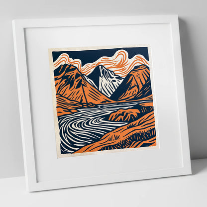 Bold Scafell Pike in Terracotta lake district fell art print in white frame