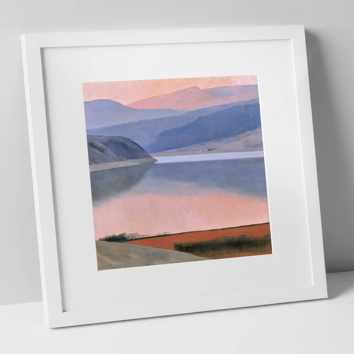 Lake and Fells in Dusk Pink lake district lake art print in white frame