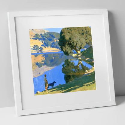 Sunlit Rydal Water Dog Walk gifts for dog walkers art print in white frame