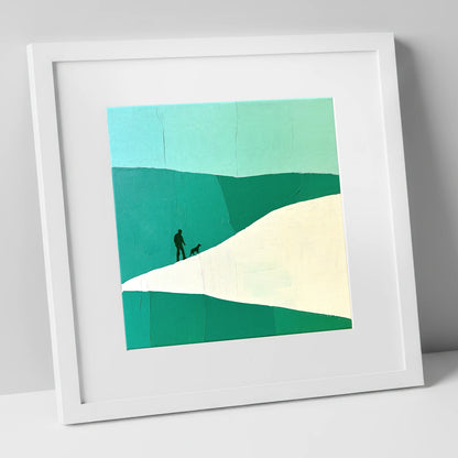 Teal and White Fell Walker gifts for dog walkers art print in white frame