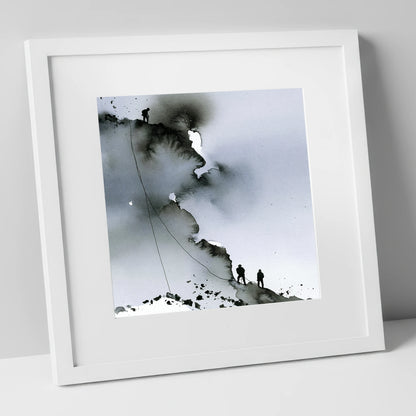 Monochrome Climbers on a Crag lake district walking art print in white frame